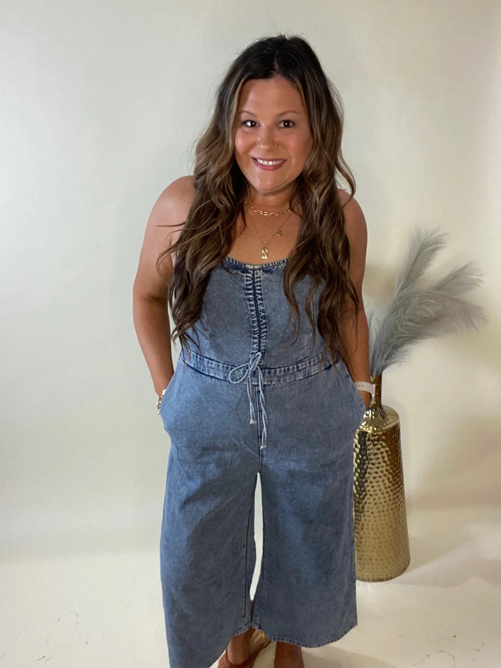 NEW! Womens Washed Denim Jumpsuit - Sleeveless Wide Leg